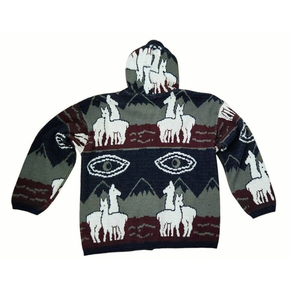 RUMINAHUI Men's Large Wool Vintage Alpaca Design Hooded Sweater Jacket Coat - Picture 3 of 5